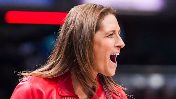 Indiana Fever head coach Stephanie White celebrates her team Saturday, May 17, 2025, during a game between the Indiana Fever and the Chicago Sky at Gainbridge Fieldhouse in Indianapolis.