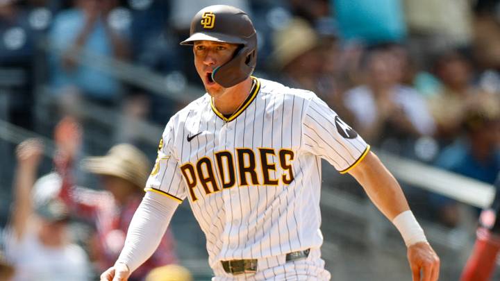 Sep 9, 2026; San Diego, California, USA; San Diego Padres designated hitter Austin Hays (15) celebrates after scoing a run during the fourth inning against the Washington Nationals at Petco Park. Mandatory Credit: David Frerker-Imagn Images Sep 9, 2026; San Diego, California, USA; San Diego Padres designated hitter Austin Hays (15) celebrates after scoing a run during the fourth inning against the Washington Nationals at Petco Park. Mandatory Credit: David Frerker-Imagn Images