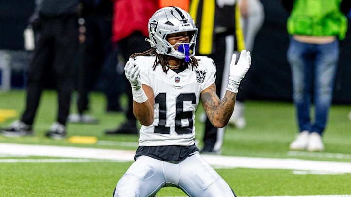 Dec 29, 2024; New Orleans, Louisiana, USA; Las Vegas Raiders wide receiver Jakobi Meyers (16) reacts to dropping a pass against the New Orleans Saints during the first half at Caesars Superdome. Mandatory Credit: Stephen Lew-Imagn Images Dec 29, 2024; New Orleans, Louisiana, USA; Las Vegas Raiders wide receiver Jakobi Meyers (16) reacts to dropping a pass against the New Orleans Saints during the first half at Caesars Superdome. Mandatory Credit: Stephen Lew-Imagn Images