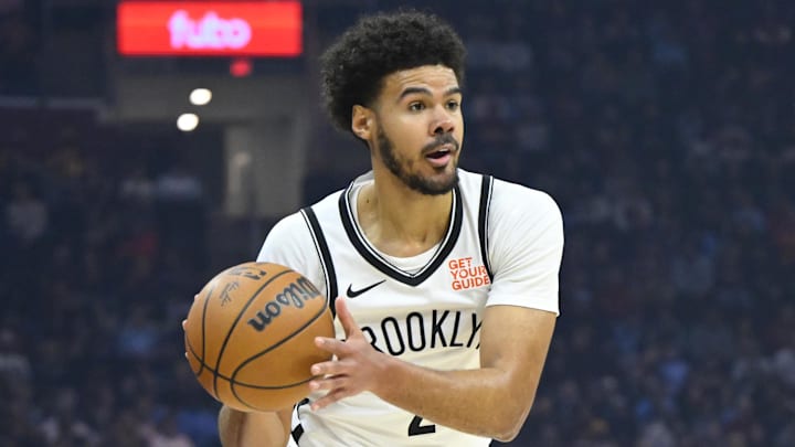 Mar 11, 2025; Cleveland, Ohio, USA; Brooklyn Nets forward Cameron Johnson (2) looks to pass in the first quarter against the Cleveland Cavaliers at Rocket Arena. Mandatory Credit: David Richard-Imagn Images