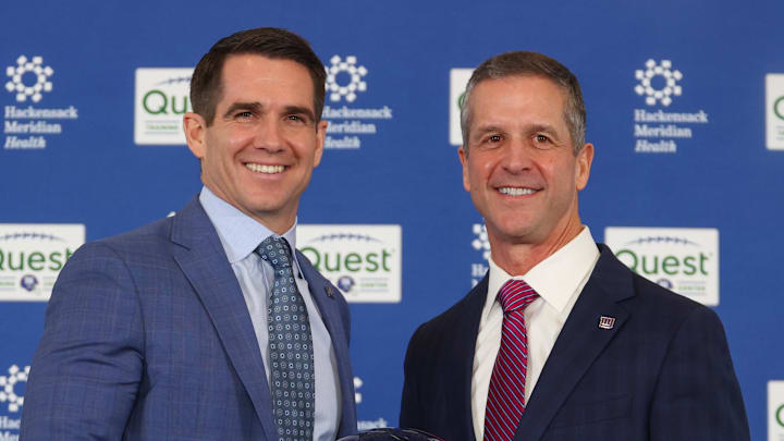  New York Giants general manager Joe Schoen and head coach John Harbaugh at the coach's introductory press conference. 