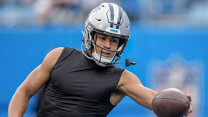 Carolina Panthers wide receiver Jalen Coker (18) during pregame warm ups before the NFC Wild Card Round game