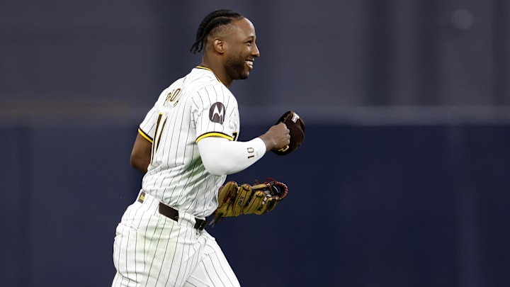 Oct 9, 2024; San Diego, California, USA; San Diego Padres outfielder Jurickson Profar (10) reacts after making a catch in the first inning against the Los Angeles Dodgers during game four of the NLDS for the 2024 MLB Playoffs at Petco Park. 