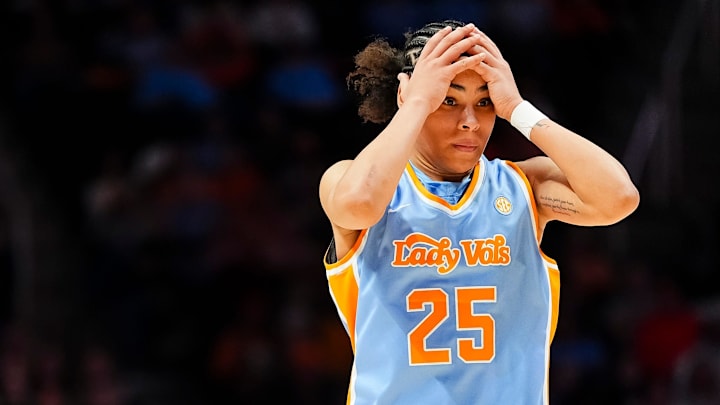 Tennessee Deniya Prawl (25) shows her frustration after missing another free throw during a women's college basketball game between the Lady Vols and Mississippi State held at Thompson-Boling Arena at Food City Center in Knoxville, Tenn., on Jan. 29, 2026.