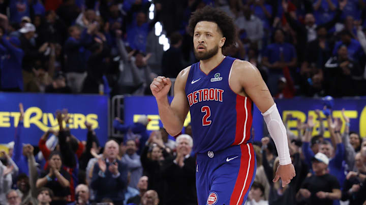 May 13, 2026; Detroit, Michigan, USA; Detroit Pistons guard Cade Cunningham (2) celebrates in the second half against the Cleveland Cavaliers during game five of the second round of the 2026 NBA Playoffs at Little Caesars Arena. 