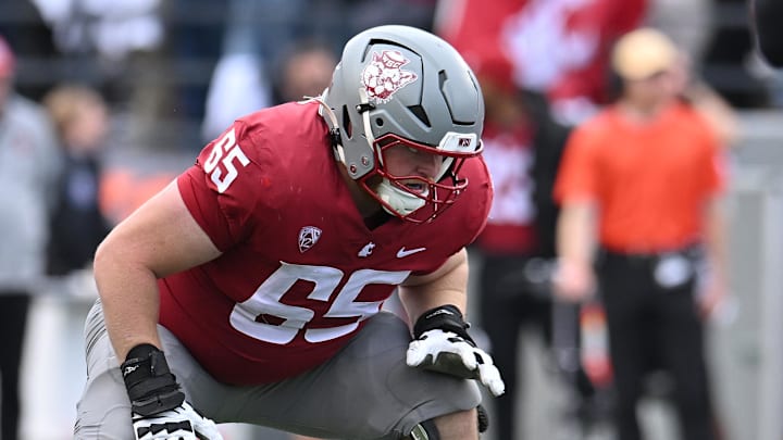 Oct 19, 2024; Pullman, Washington, USA; Washington State Cougars offensive lineman Brock Dieu (65) lines up for a play against the Hawaii Warriors in the second half at Gesa Field at Martin Stadium. Mandatory Credit: James Snook-Imagn Images