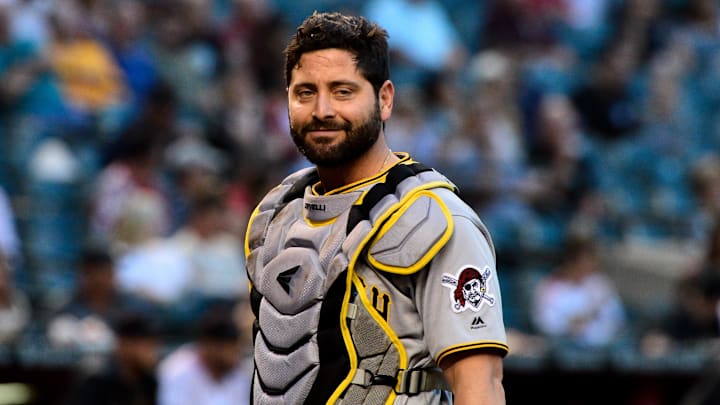May 13, 2019; Phoenix, AZ, USA; Pittsburgh Pirates catcher Francisco Cervelli (29) looks on during the first inning against the Arizona Diamondbacks t Chase Field. Mandatory Credit: Matt Kartozian-Imagn Images