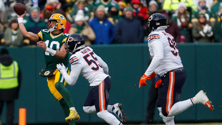 Green Bay Packers quarterback Jordan Love (10) passes the ball under pressure from Chicago Bears defensive end Jacob Martin (55) on Sunday, January 5, 2025, at Lambeau Field in Green Bay, Wis. 

Tork Mason/USA TODAY NETWORK-Wisconsin