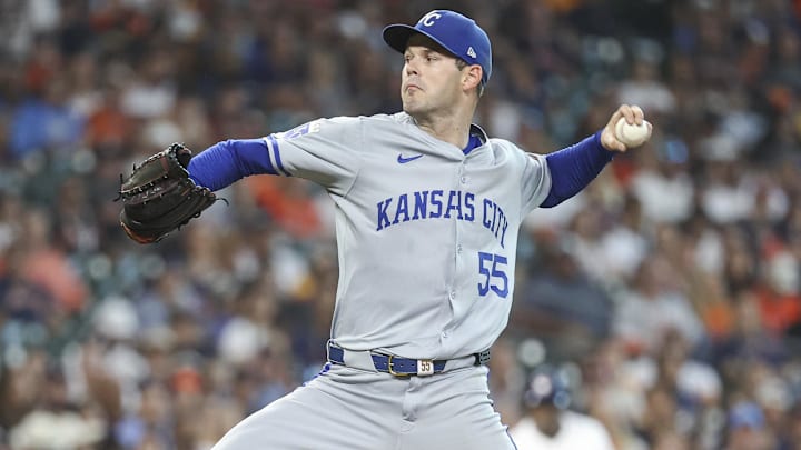 Aug 31, 2024; Houston, Texas, USA; Kansas City Royals starting pitcher Cole Ragans (55) delivers a pitch during the first inning against the Houston Astros at Minute Maid Park. Mandatory Credit: Troy Taormina-Imagn Images