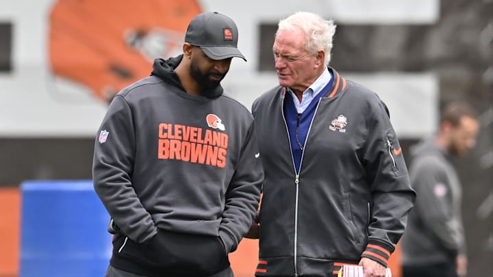 May 8, 2026; Berea, OH, USA; Cleveland Browns managing and principal partner Jimmy Haslam, right,  talks to executive vice president, football operations & general manager Andrew Berry during rookie minicamp at CrossCountry Mortgage Campus. Mandatory Credit: Ken Blaze-Imagn Images

