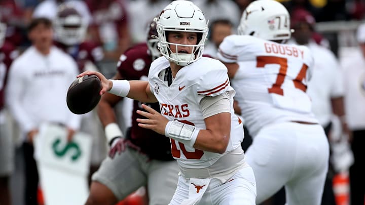 Texas Longhorns quarterback Arch Manning passes the ball during the first quarter against the Mississippi State Bulldogs at Davis Wade Stadium at Scott Field.