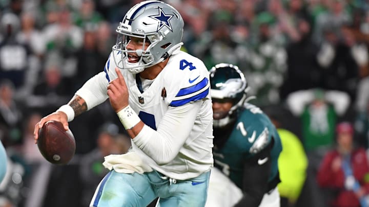 Nov 5, 2023; Philadelphia, Pennsylvania, USA; Dallas Cowboys quarterback Dak Prescott (4) against