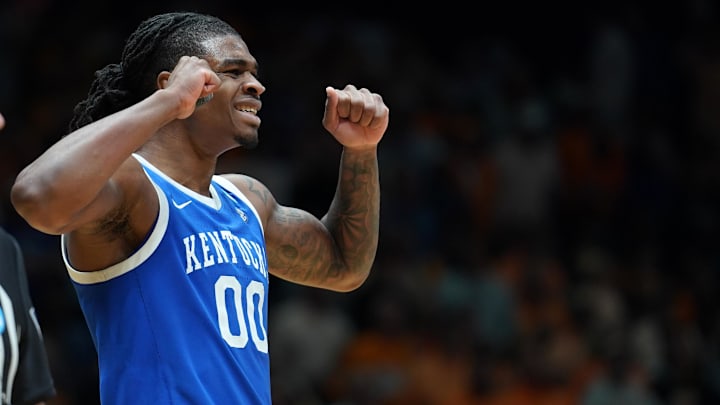 Mar 28, 2025; Indianapolis, IN, USA; Kentucky Wildcats guard Otega Oweh (00) reacts against the Tennessee Volunteers in the second half during a Midwest Regional semifinal of the 2025 NCAA tournament at Lucas Oil Stadium. Mandatory Credit: Robert Goddin-Imagn Images