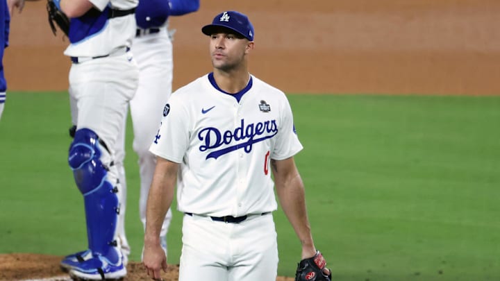 Oct 25, 2024; Los Angeles, California, USA; Los Angeles Dodgers pitcher Jack Flaherty (0) walks to the dugout in the sixth inning against the New York Yankees during game one of the 2024 MLB World Series at Dodger Stadium.