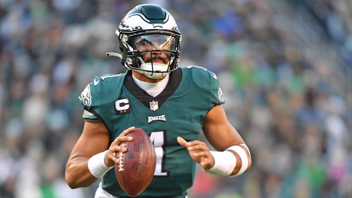 Dec 4, 2022; Philadelphia, Pennsylvania, USA; Philadelphia Eagles quarterback Jalen Hurts (1) looks
