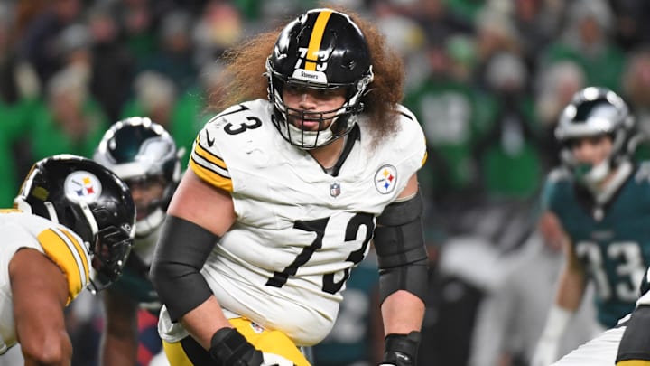 Dec 15, 2024; Philadelphia, Pennsylvania, USA; Pittsburgh Steelers guard Isaac Seumalo (73) against the Philadelphia Eagles at Lincoln Financial Field. Mandatory Credit: Eric Hartline-Imagn Images