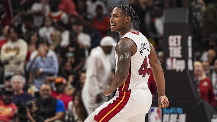 Apr 18, 2025; Atlanta, Georgia, USA; Miami Heat guard Davion Mitchell (45) reacts after the Heat defeat the Atlanta Hawks in overtime at State Farm Arena. Mandatory Credit: Dale Zanine-Imagn Images Apr 18, 2025; Atlanta, Georgia, USA; Miami Heat guard Davion Mitchell (45) reacts after the Heat defeat the Atlanta Hawks in overtime at State Farm Arena. Mandatory Credit: Dale Zanine-Imagn Images