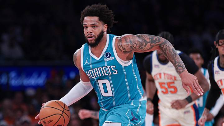 Apr 12, 2026; New York, New York, USA; Charlotte Hornets forward Miles Bridges (0) dribbles up court against the New York Knicks during the first half at Madison Square Garden. Mandatory Credit: Vincent Carchietta-Imagn Images