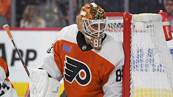 Mar 4, 2025; Philadelphia, Pennsylvania, USA; Philadelphia Flyers goaltender Ivan Fedotov (82) against the Calgary Flames at Wells Fargo Center. Mandatory Credit: Eric Hartline-Imagn Images
