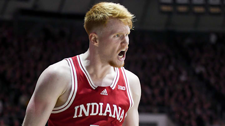Jan 31, 2025; West Lafayette, Indiana, USA; Indiana Hoosiers forward Luke Goode (10) celebrates after a play during the second half against the Purdue Boilermakers at Mackey Arena. Mandatory Credit: Robert Goddin-Imagn Images