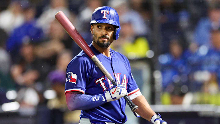 Jun 3, 2025; Tampa, Florida, USA; Texas Rangers second baseman Marcus Semien (2) reacts after striking out against the Tampa Bay Rays in the fifth inning  at George M. Steinbrenner Field. Mandatory Credit: Nathan Ray Seebeck-Imagn Images