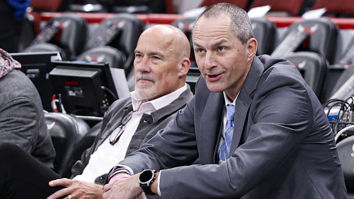 Nov 21, 2025; Chicago, Illinois, USA; Chicago Bulls Executive Vice President of Basketball Operations Arturas Karnisovas (R) sits next to Senior Advisor of Basketball Operations John Paxson (L) before an NBA game against the Miami Heat at United Center. Mandatory Credit: Kamil Krzaczynski-Imagn Images