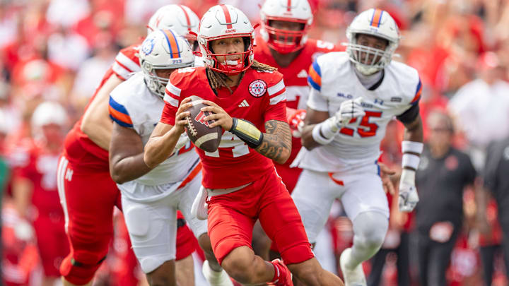 Nebraska quarterback TJ Lateef scrambles for a seven-yard gain during the third quarter against Houston Christian on Sept. 13, 2025.