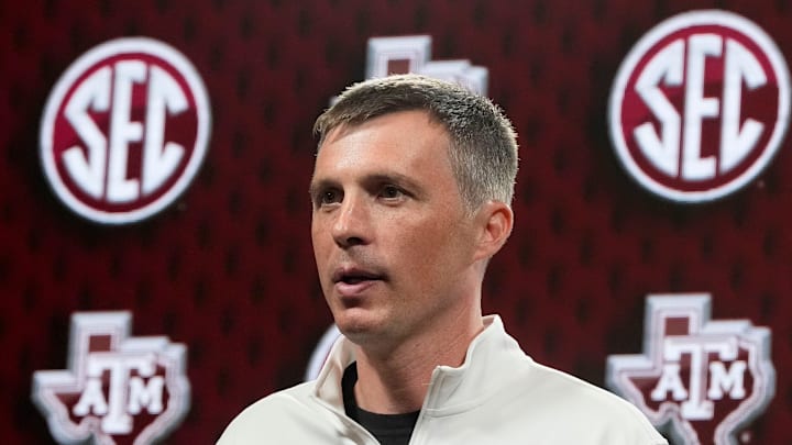 Oct 15, 2025; Birmingham, Alabama, USA; Texas A&M head coach Bucky McMillan speaks at SEC Media Day in the Grand Bohemian Hotel. Oct 15, 2025; Birmingham, Alabama, USA; Texas A&M head coach Bucky McMillan speaks at SEC Media Day in the Grand Bohemian Hotel.