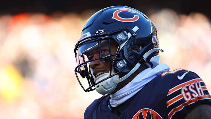 Nov 23, 2025; Chicago, Illinois, USA; Chicago Bears wide receiver DJ Moore (2) reacts during the second half at Soldier Field. Mandatory Credit: Mike Dinovo-Imagn Images