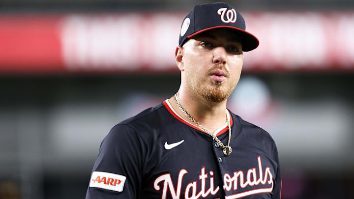 Washington Nationals pitcher Cade Cavalli (24) looks on during the fifth inning against the Miami Marlins at Nationals Park. Washington Nationals pitcher Cade Cavalli (24) looks on during the fifth inning against the Miami Marlins at Nationals Park.