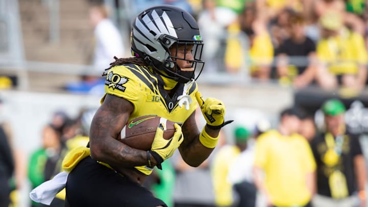 Oregon running back Jordan James warms up as the No. 1 Oregon Ducks host the No. 21 Illinois Fighting Illini Saturday, Oct. 26, 2024 at Autzen Stadium in Eugene, Ore.