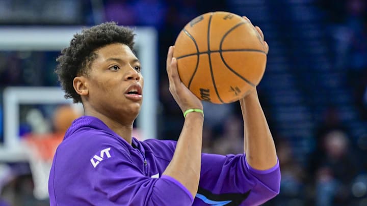 Dec 23, 2025; Salt Lake City, Utah, USA; Utah Jazz forward Ace Bailey (19) warms up before the game against the Memphis Grizzlies at Delta Center. Mandatory Credit: Peter Creveling-Imagn Images