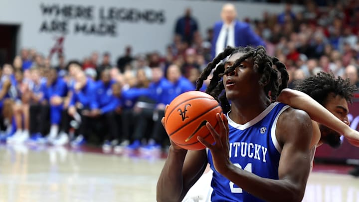Jan 3, 2026; Tuscaloosa, Alabama, USA; Kentucky Wildcats forward Jayden Quaintance (21) recovers the ball during the second half against the Alabama Crimson Tide at Coleman Coliseum. Mandatory Credit: David Leong-Imagn Images Jan 3, 2026; Tuscaloosa, Alabama, USA; Kentucky Wildcats forward Jayden Quaintance (21) recovers the ball during the second half against the Alabama Crimson Tide at Coleman Coliseum. Mandatory Credit: David Leong-Imagn Images