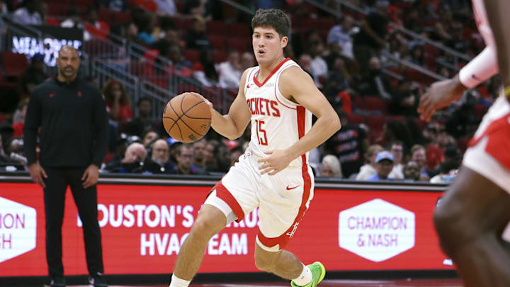 Oct 6, 2025; Houston, Texas, USA; Houston Rockets guard Reed Sheppard (15) dribbles the ball during the game against the Atlanta Hawks at Toyota Center. Mandatory Credit: Troy Taormina-Imagn Images Oct 6, 2025; Houston, Texas, USA; Houston Rockets guard Reed Sheppard (15) dribbles the ball during the game against the Atlanta Hawks at Toyota Center. Mandatory Credit: Troy Taormina-Imagn Images