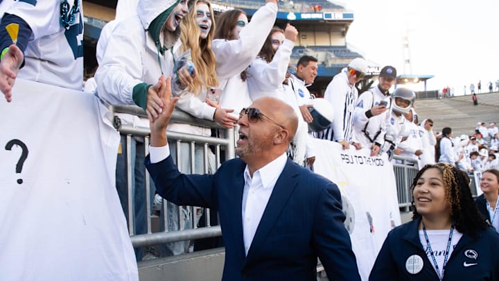 Penn State head coach James Franklin greets members of the student section before a Big Ten football game vs. Ohio State.