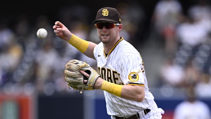 Aug 19, 2023; San Diego, California, USA; San Diego Padres second baseman Jake Cronenworth (9)