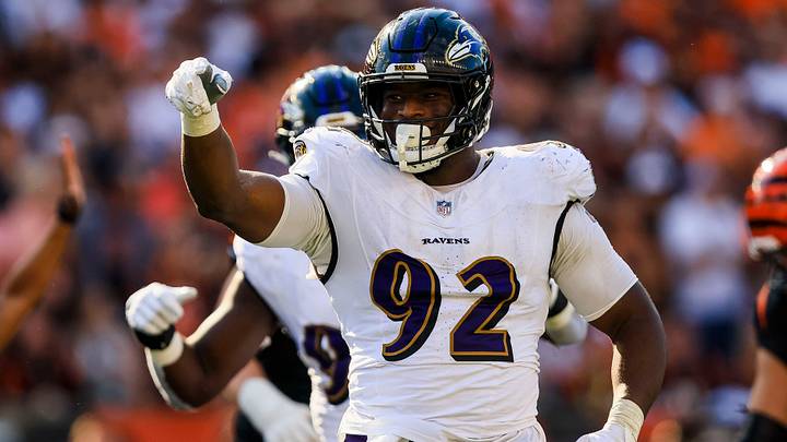 Oct 6, 2024; Cincinnati, Ohio, USA; Baltimore Ravens defensive tackle Nnamdi Madubuike (92) reacts after sacking Cincinnati Bengals quarterback Joe Burrow (not pictured) in the second half at Paycor Stadium. Mandatory Credit: Katie Stratman-Imagn Images Oct 6, 2024; Cincinnati, Ohio, USA; Baltimore Ravens defensive tackle Nnamdi Madubuike (92) reacts after sacking Cincinnati Bengals quarterback Joe Burrow (not pictured) in the second half at Paycor Stadium. Mandatory Credit: Katie Stratman-Imagn Images