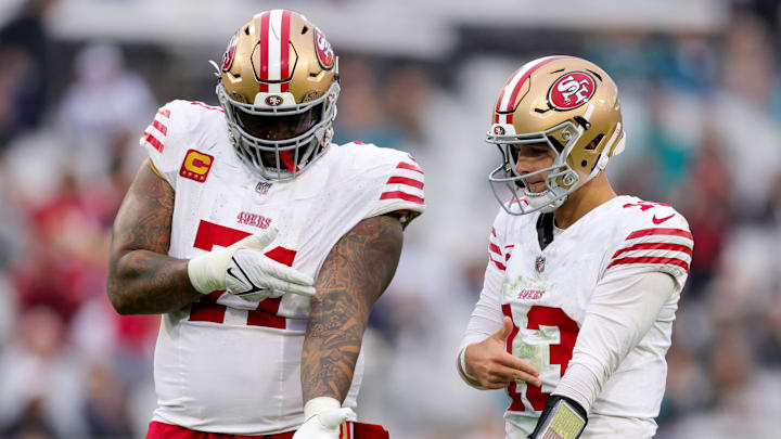 San Francisco 49ers offensive tackle Trent Williams and quarterback Brock Purdy during a matchup with the Jacksonville Jaguars