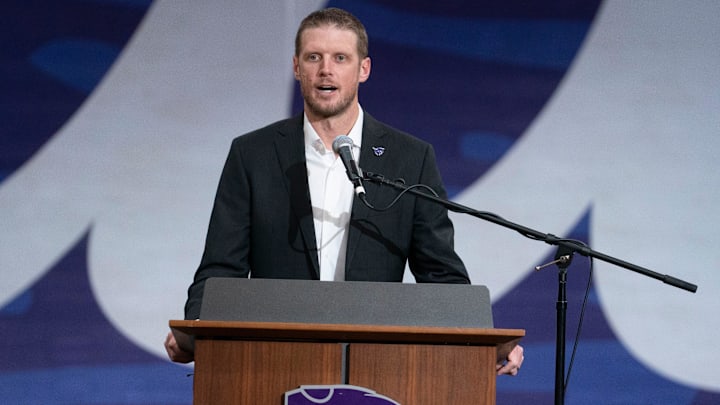 Kansas State new head football coach Collin Klein makes remarks at his introduction ceremony at Morgan Family Arena on Dec. 5, 2025. Kansas State new head football coach Collin Klein makes remarks at his introduction ceremony at Morgan Family Arena on Dec. 5, 2025.