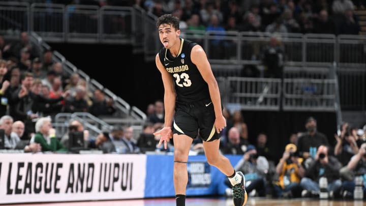 Mar 24, 2024; Indianapolis, IN, USA; Colorado Buffaloes forward Tristan da Silva (23) reacts after scoring against the Marquette Golden Eagles during the second half at Gainbridge FieldHouse. Mandatory Credit: Robert Goddin-USA TODAY Sports