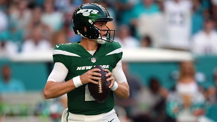Dec 17, 2023; Miami Gardens, Florida, USA; New York Jets quarterback Zach Wilson (2) drops back to pass against the Miami Dolphins.