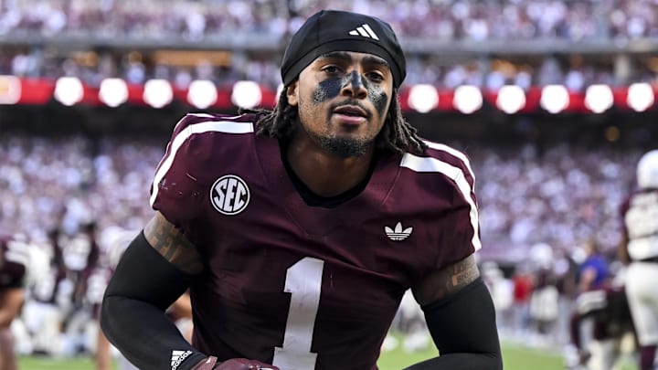Texas A&M Aggies safety Bryce Anderson kneels before the game against the Florida Gators at Kyle Field.