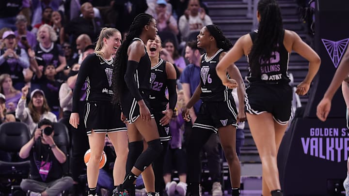 Sep 2, 2025; San Francisco, California, USA; Golden State Valkyries center Temi Fagbenle (14) celebrates with teammates after a play against the New York Liberty during the second quarter at Chase Center. Mandatory Credit: Kelley L Cox-Imagn Images