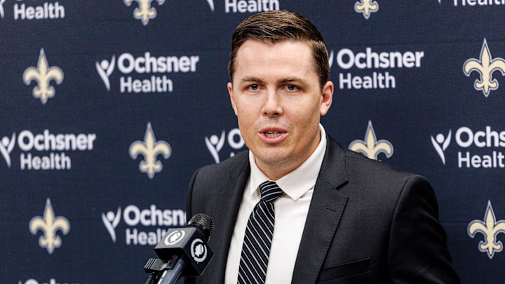 Feb 13, 2025; New Orleans, LA, USA;  New Orleans Saints introduce Kellen Moore as the head coach and he addresses the media at Ochsner Sports Performance Center. Mandatory Credit: Stephen Lew-Imagn Images