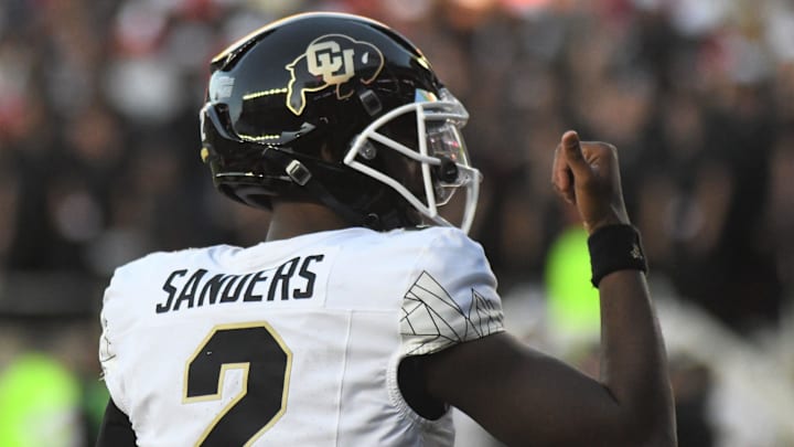 Colorado's Shedeur Sanders gestures after a touchdown against Texas Tech in a Big 12 football game Saturday, Nov. 9, 2024, at Jones AT&T Stadium.