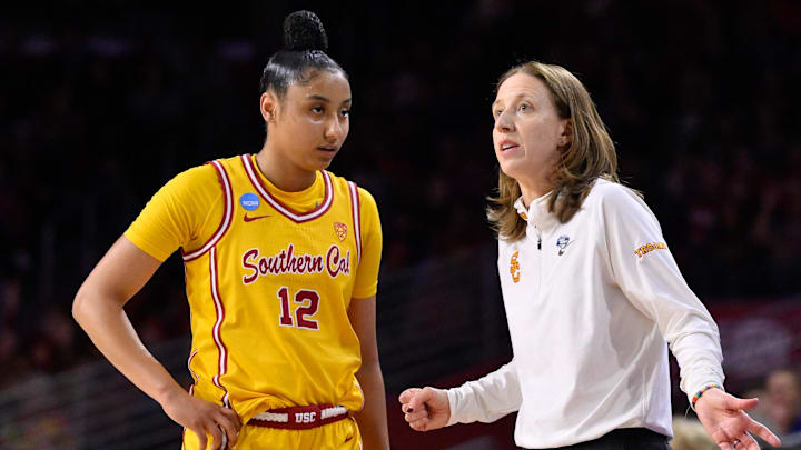 Mar 25, 2024; Los Angeles, CA, USA; USC Trojans guard JuJu Watkins (12) with Trojans head coach Lindsay Gottlieb  during an NCAA Women’s Tournament 2nd round game against the Kansas Jayhawks at Galen Center. Mandatory Credit: Robert Hanashiro-Imagn Images