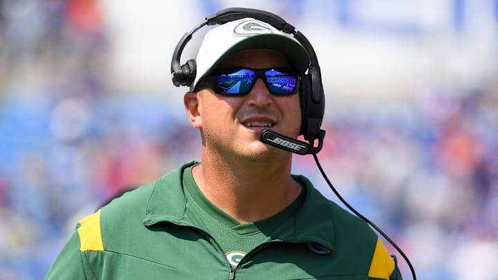 Aug 28, 2021; Orchard Park, New York, USA; Green Bay Packers offensive line coach Adam Stenavich prior to the game against the Buffalo Bills at Highmark Stadium. Mandatory Credit: Rich Barnes-Imagn Images