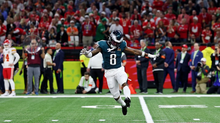 Feb 9, 2025; New Orleans, LA, USA; Philadelphia Eagles safety C.J. Gardner-Johnson (8) celebrates after a defensive stop against the Kansas City Chiefs during the second half of Super Bowl LIX at Caesars Superdome. Mandatory Credit: Geoff Burke-Imagn Images