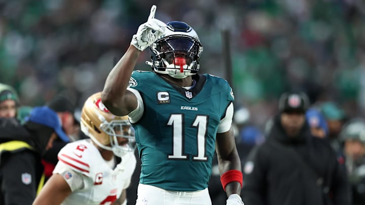 Jan 11, 2026; Philadelphia, PA, USA; Philadelphia Eagles wide receiver A.J. Brown (11) celebrates first down against the San Francisco 49ers during the first quarter in an NFC Wild Card Round game at Lincoln Financial Field. Mandatory Credit: Bill Streicher-Imagn Images