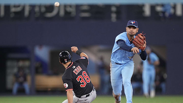 May 4, 2025; Toronto, Ontario, CAN; Toronto Blue Jays second baseman Andres Gimenez (0) throws to first to complete a double play against Cleveland Guardians left fielder Steven Kwan (38) and right fielder Jhonkensy Noel (not pictured) during the seventh inning at Rogers Centre.